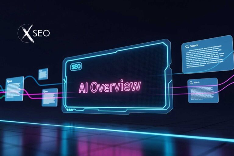 Футуристичен дигитален интерфейс с неонови акценти, показващ "AI Overview" и концепции за SEO.