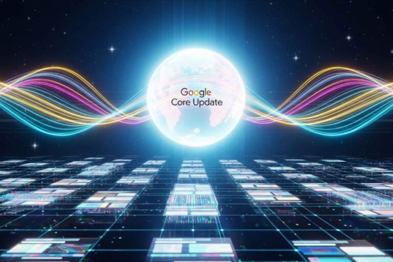 Футуристично изображение на светеща сфера с надпис "Google Core Update" в центъра, заобиколена от вълни от неонова светлина и мрежа от сайтове.